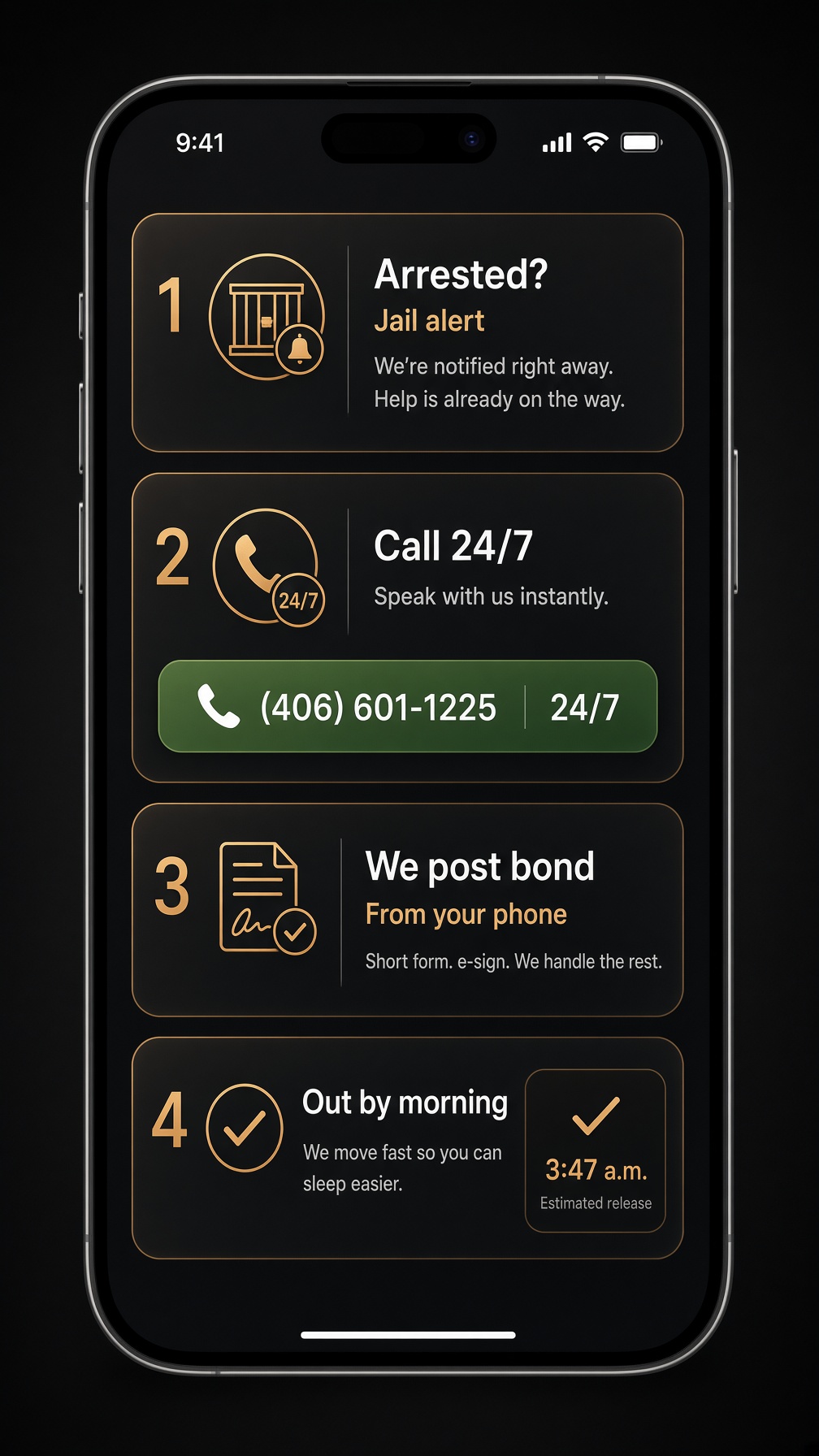 Digital bail bond process from a phone: the jail alert, calling Northwest 24/7, posting bond from your phone with an e-signature, and a confirmed release time.