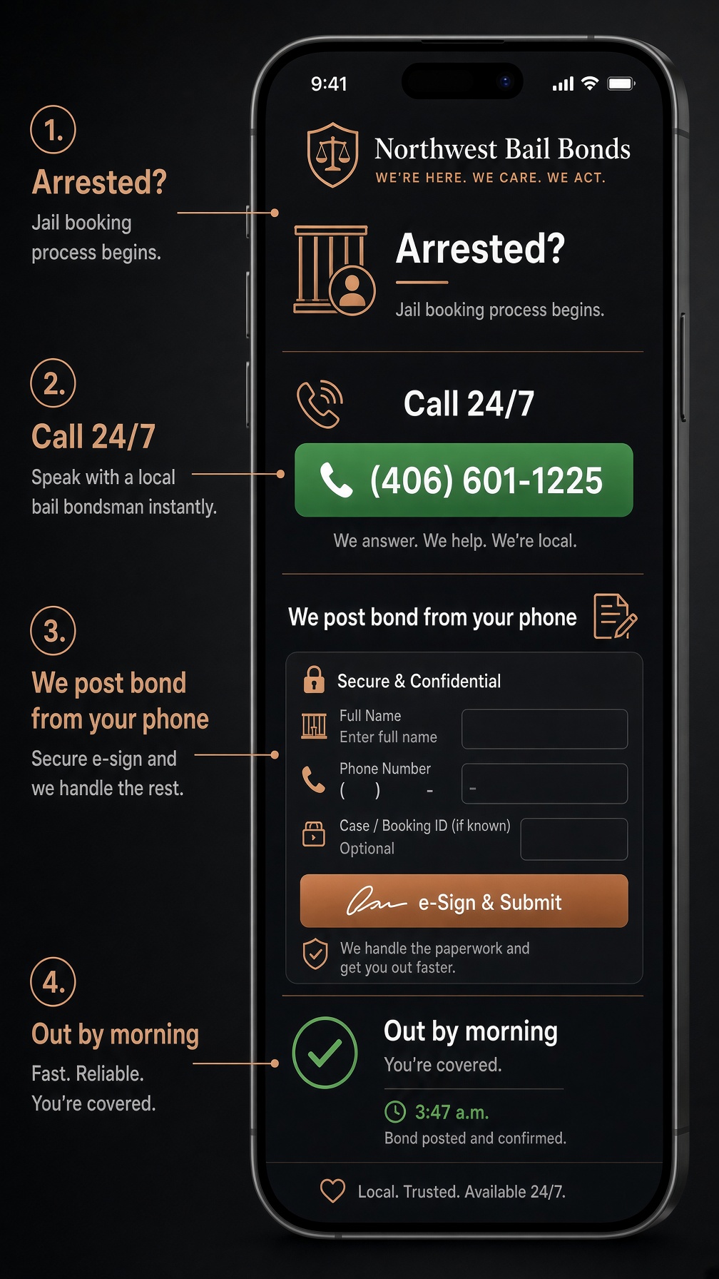 A phone screen showing a secure bail bond application with full name, phone number, and case or booking ID fields above an e-sign and submit button.