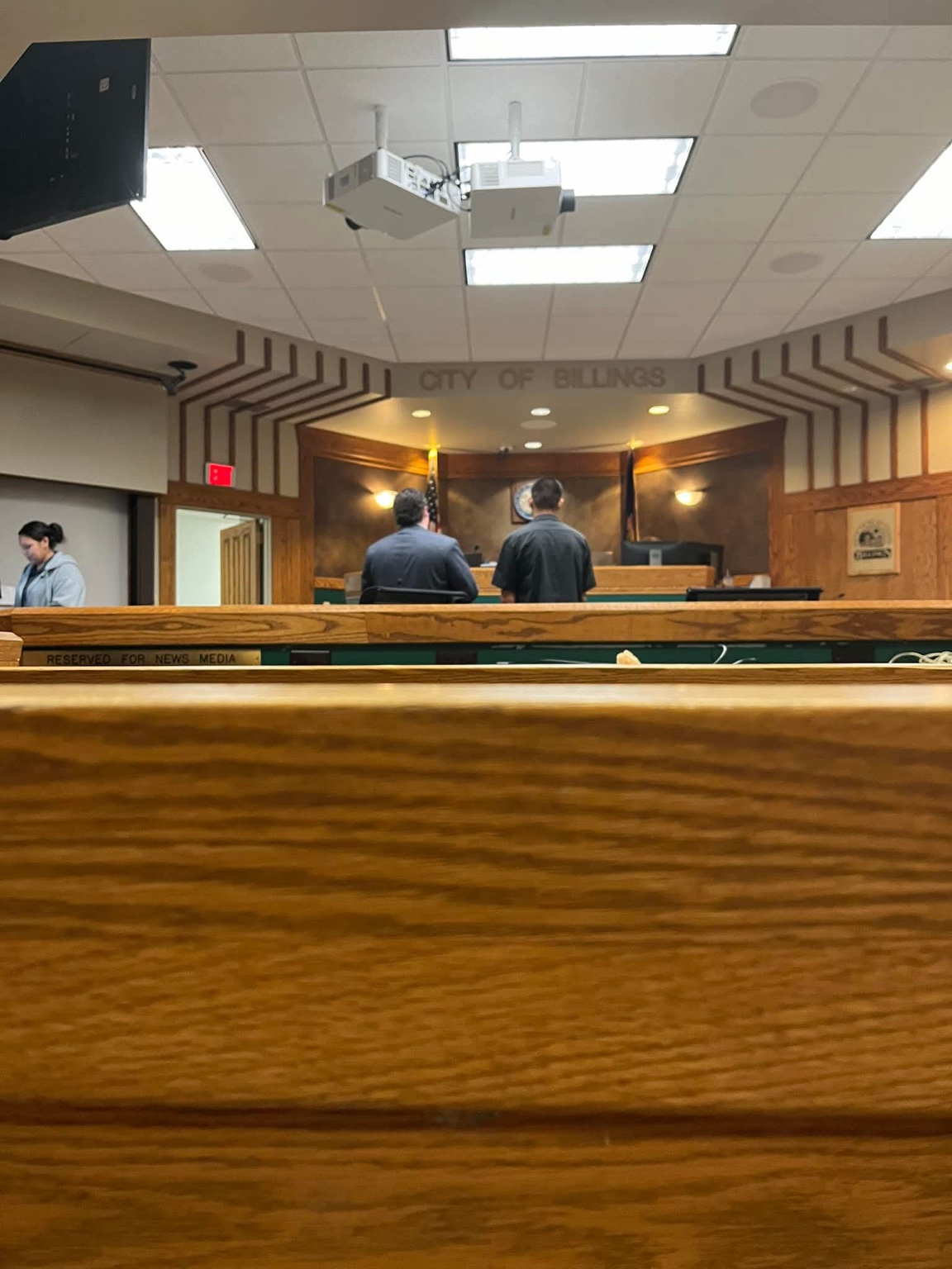Interior of the City of Billings courtroom viewed from the public seating area.