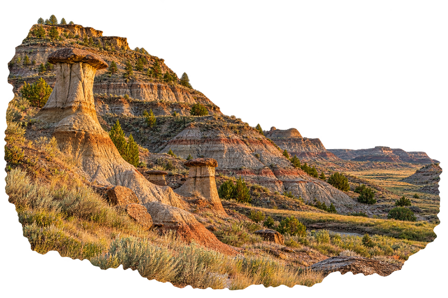 Miles City & Eastern Montana Service Area Layered badlands and hoodoos in Makoshika State Park, representing Northwest Bail Bonds' Miles City and Eastern Montana service area.